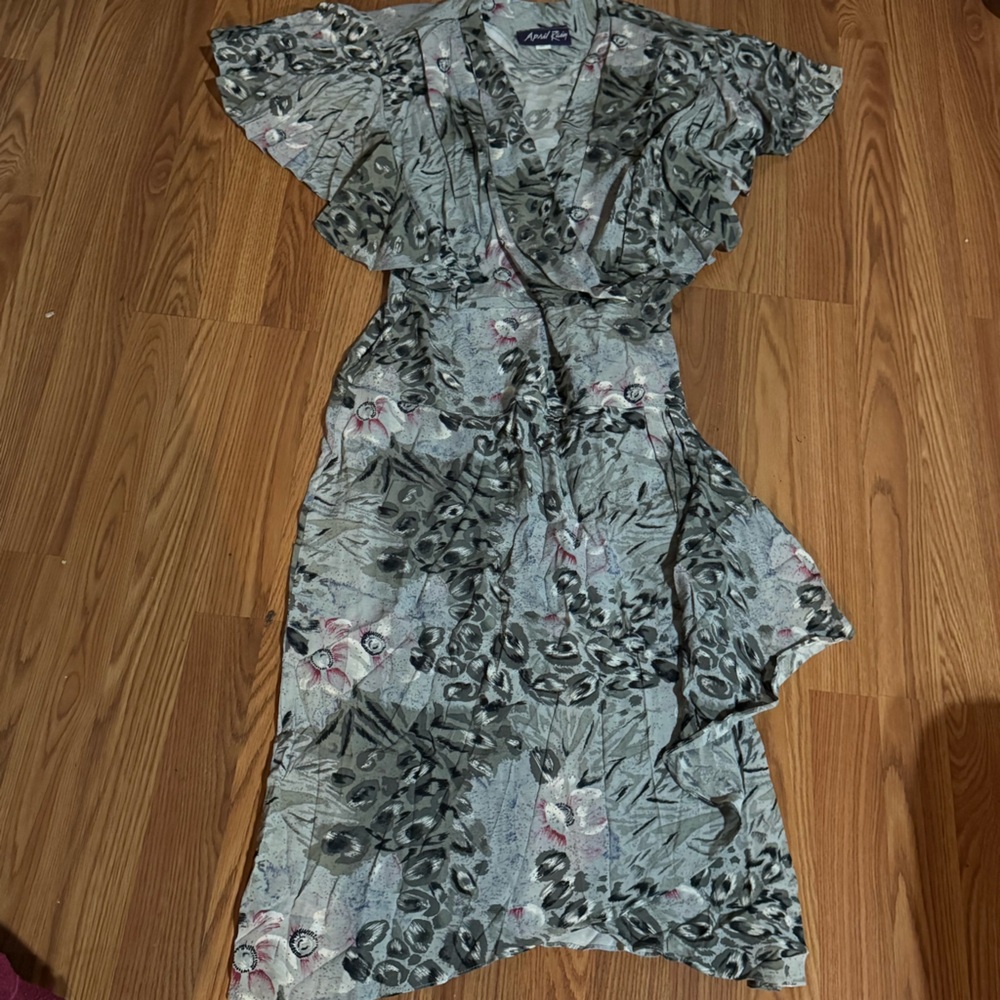Vintage April Rain‎ Animal Floral Print Wrap Midi Short Sleeve Dress Boho Retro